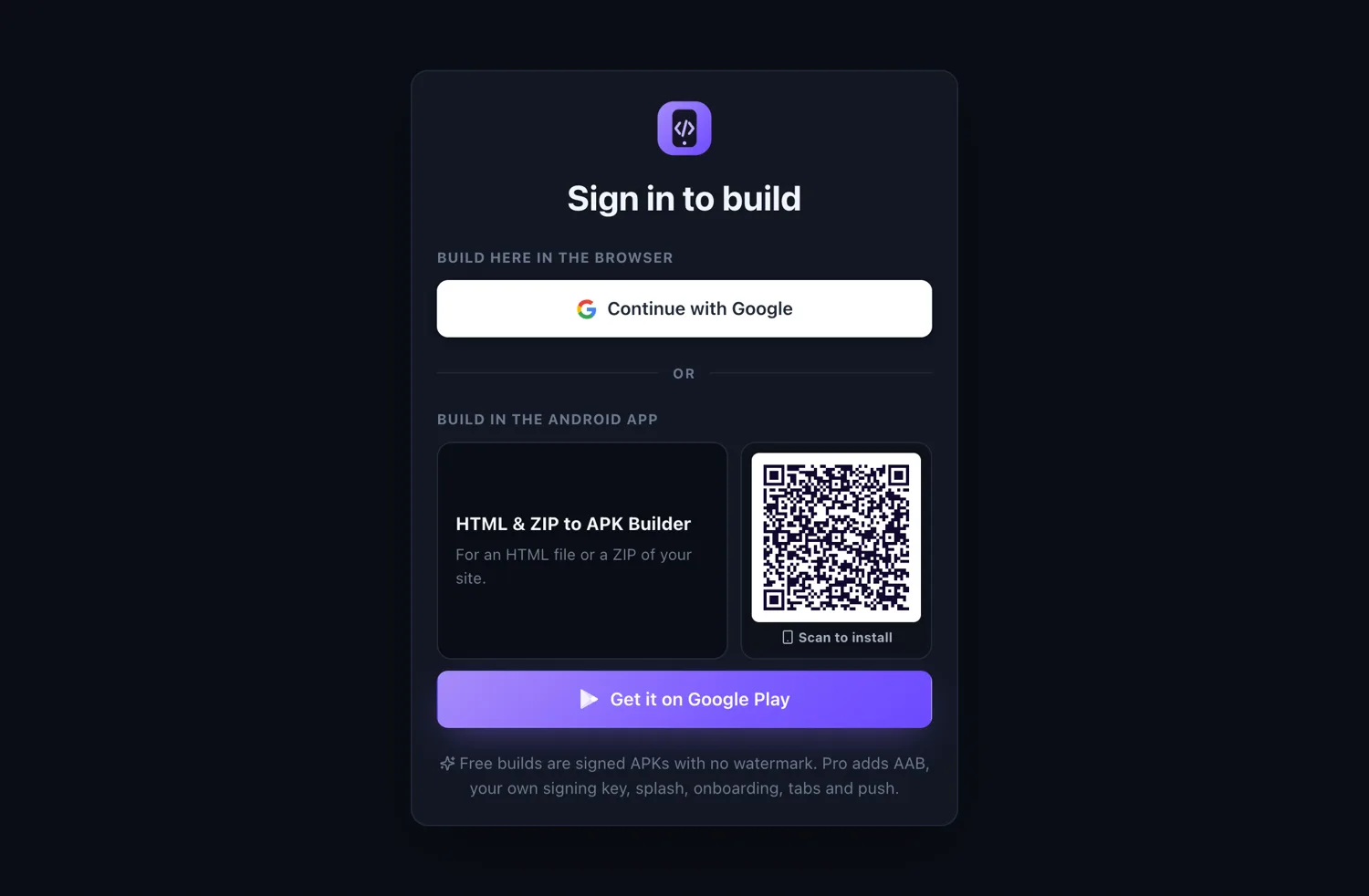 The builder's sign-in screen with a Google sign-in button