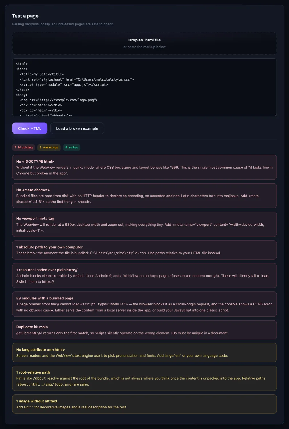 The HTML validator flagging module scripts, absolute paths and mixed content in a page