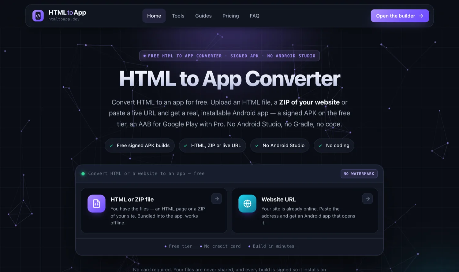 The HTML to App converter landing page, where the build runs in the cloud