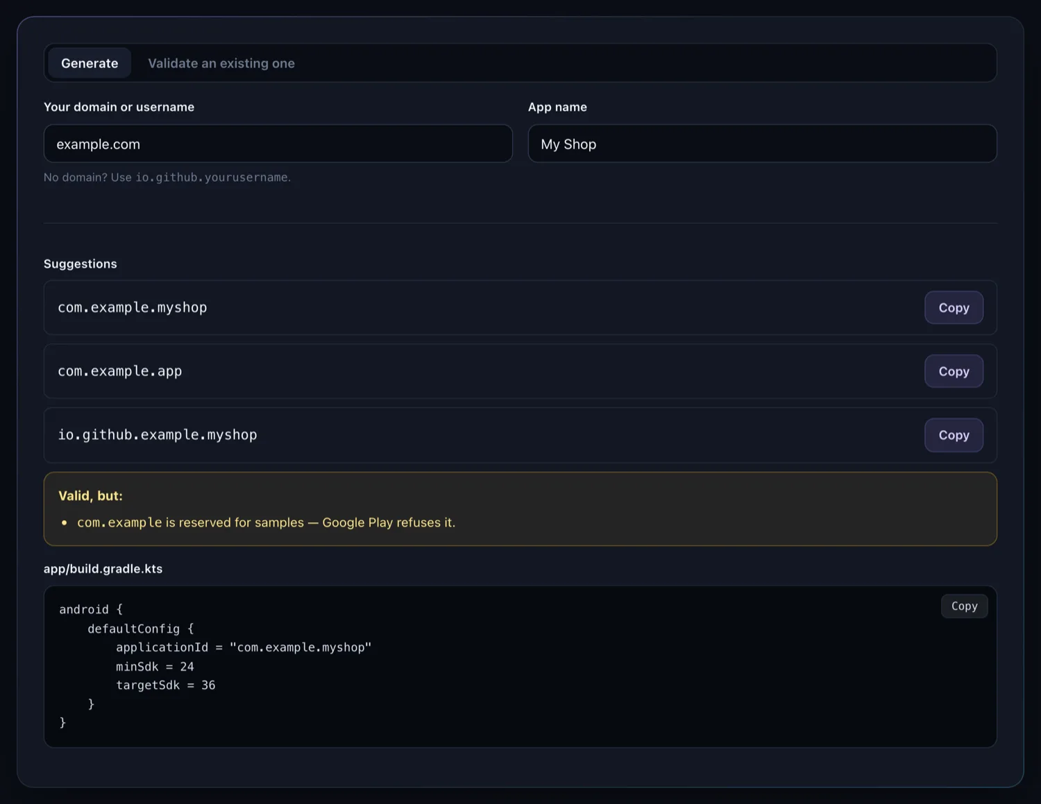 The package name generator producing a valid applicationId from a domain and an app name