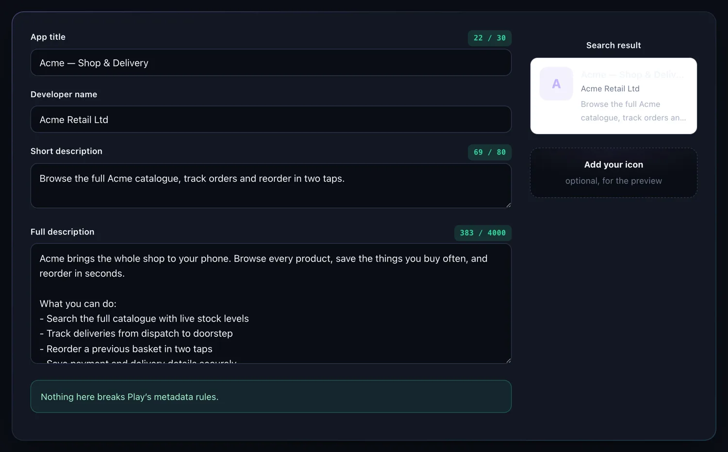 The Play listing preview with live character counts and a search-result mock-up
