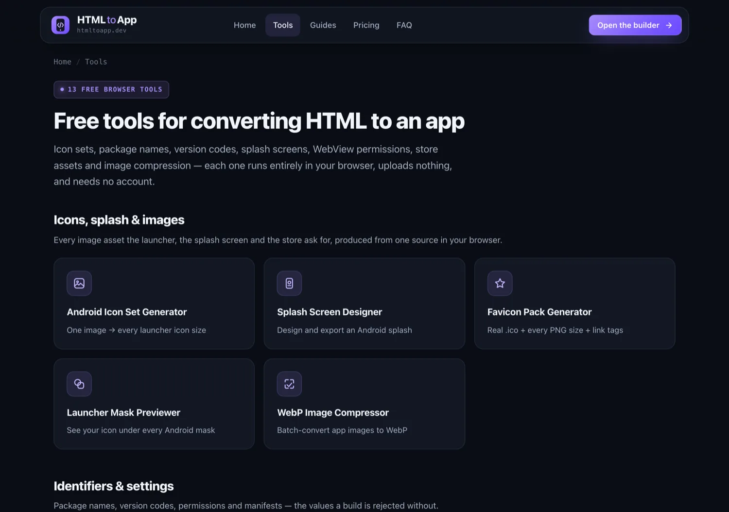 The free tools index: icon, package name, splash screen, version code and validator tools