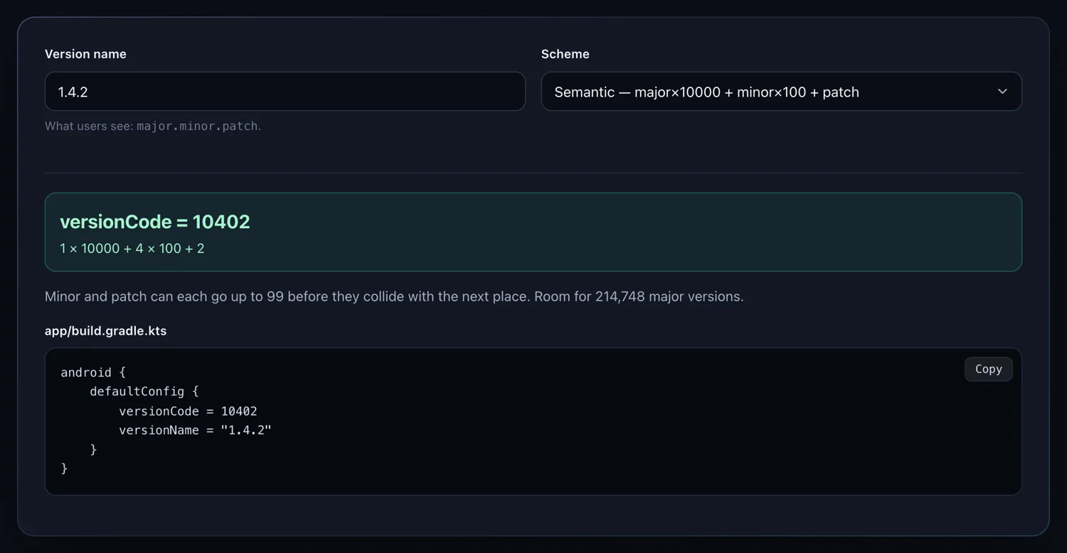 The version code generator turning a version name into a numeric version code with a Gradle snippet