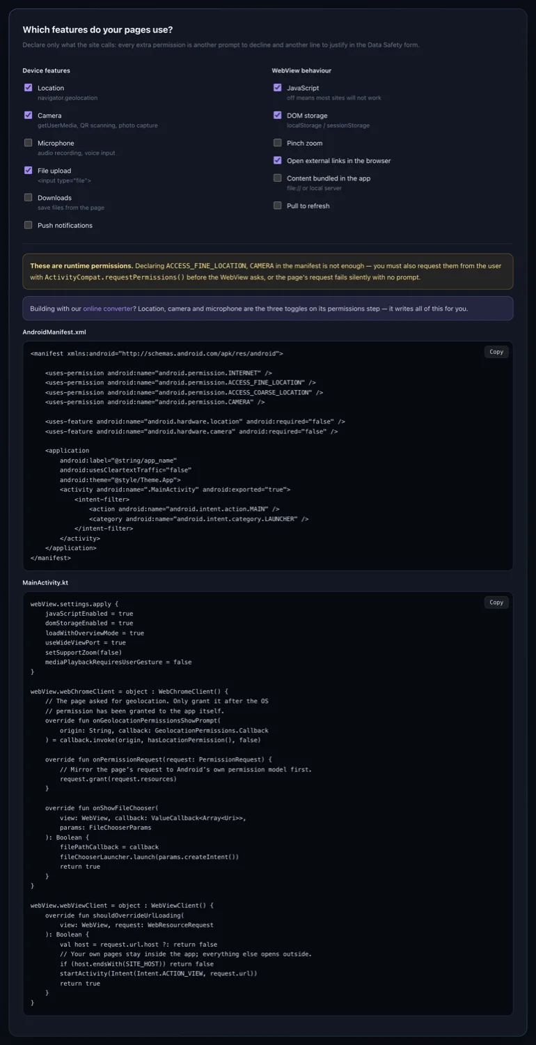 The WebView config generator producing manifest permissions and Kotlin settings for camera, location and file uploads